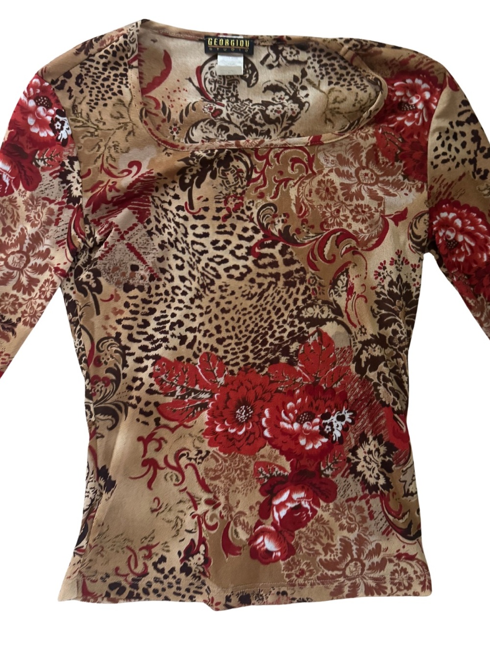 Georgiou Womens Red Floral & Animal Print Long Sleeve Blouse
